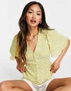 Asos Design Short Sleeve Tea Blouse In Yellow Whimsy Print-multi