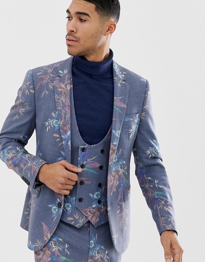 Asos Design Skinny Suit Jacket In Printed Blue Floral Wool Mix