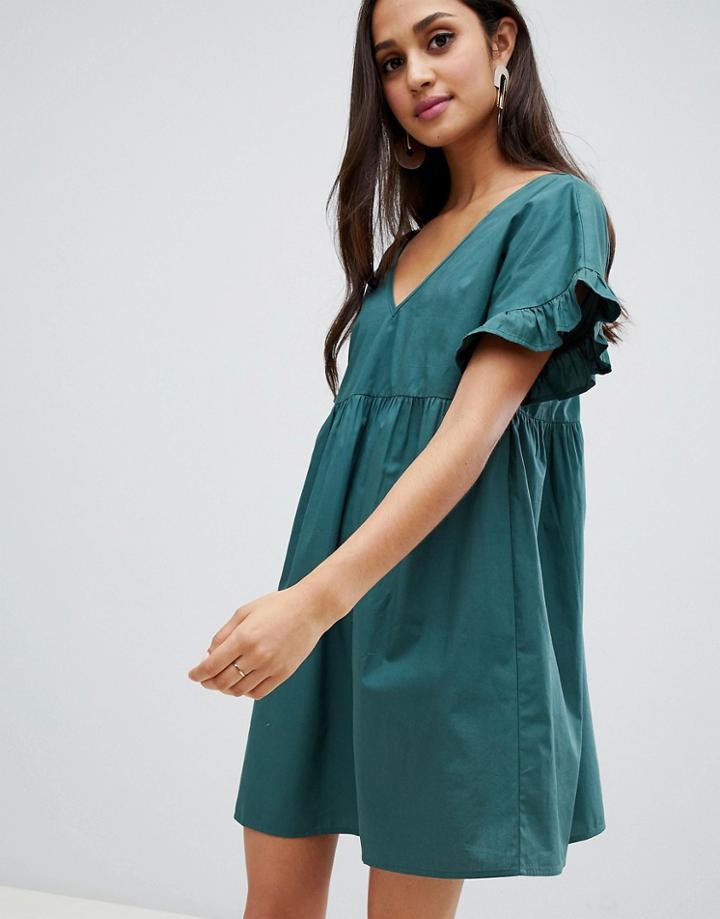 Asos Design V Front V Back Cotton Smock Mini Dress-green