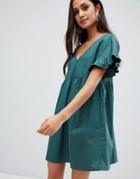 Asos Design V Front V Back Cotton Smock Mini Dress-green