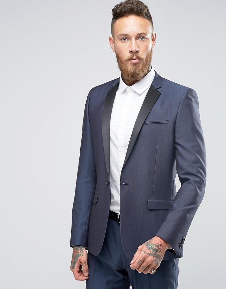 Asos Skinny Suit Jacket In Navy Sheen Fabric - Navy
