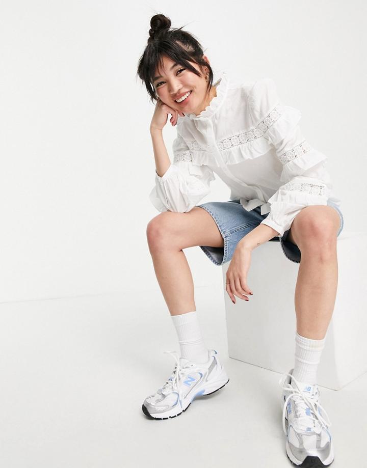 & Other Stories Frill Detail Embroidered Blouse In White