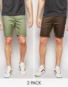 Asos Skinny Chino Shorts Mid Length In Light Green/ Khaki 2 Pack Save 17%