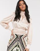 Vila Satin High Neck Blouse With Open Back In Pink
