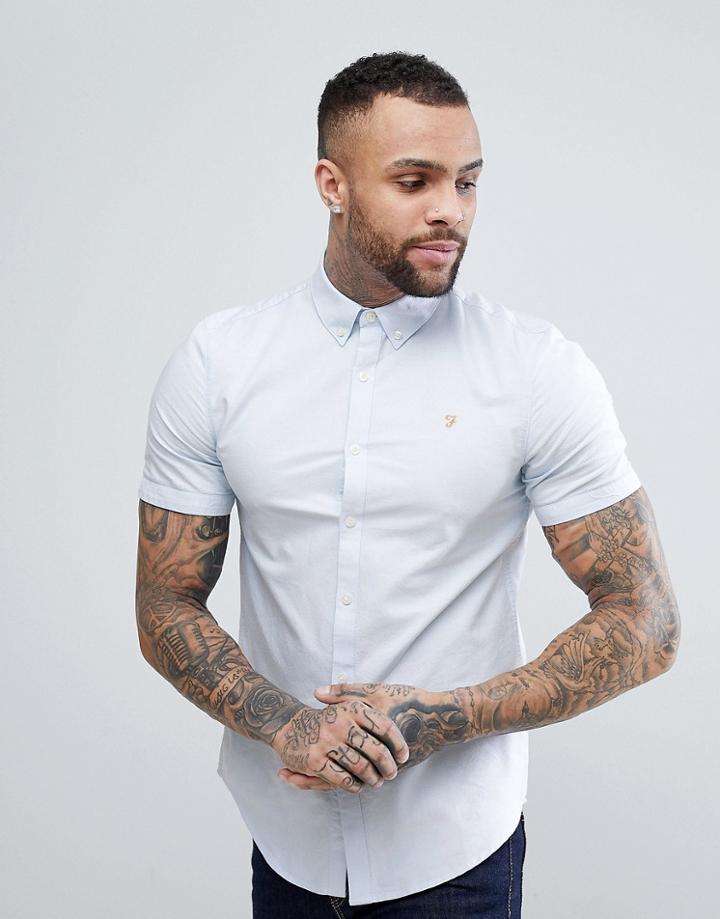 Farah Brewer Slim Fit Short Sleeve Oxford Shirt In Blue