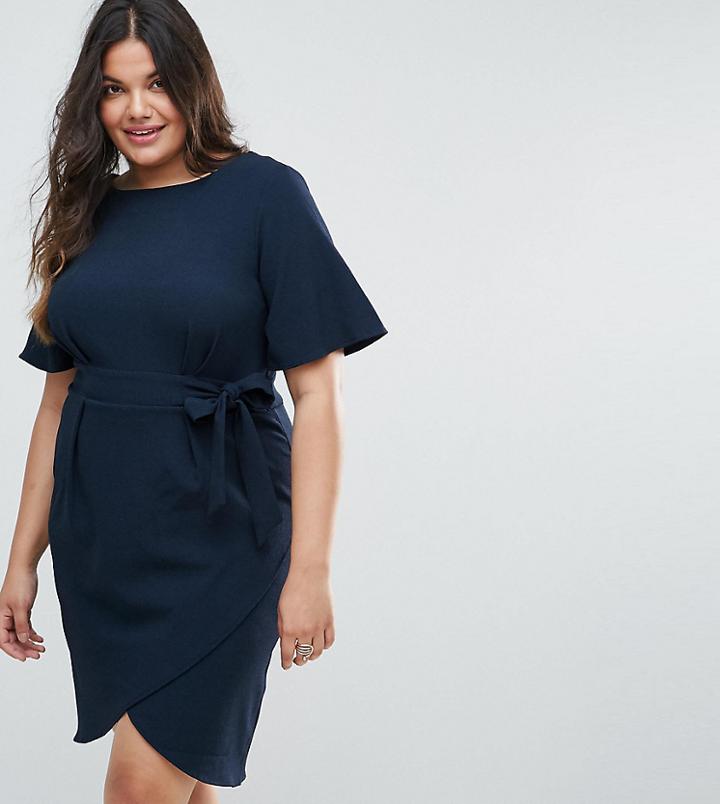 Closet London Plus Tie Front Dress With Kimono Sleeve - Navy