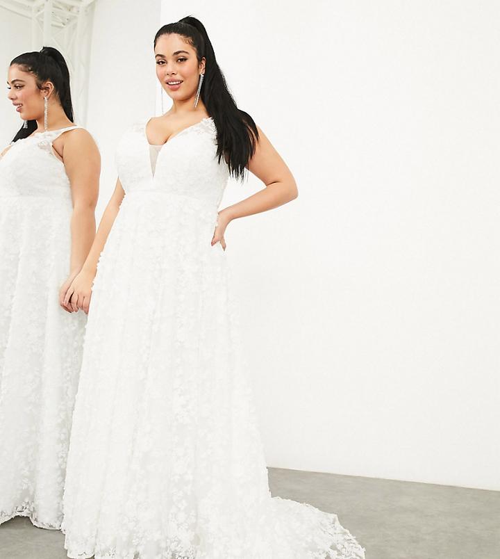 Asos Edition Curve Florence Sleeveless Embroidered Wedding Dress With Plunge-white