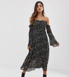 Boohoo Bardot Midi Dress With Flare Sleeves In Black Ditsy Floral - Multi