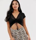 Asos Design Petite Mesh Crop Top With Cap Sleeve And Ruched Detail-black
