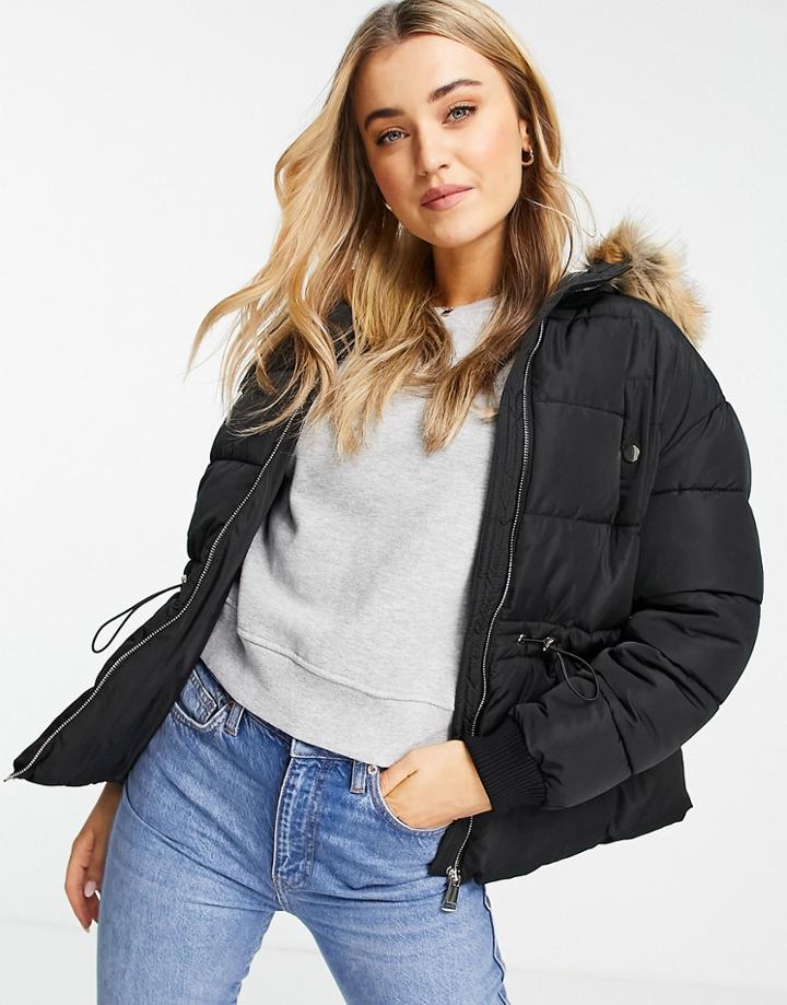 Miss Selfridge Cord Waisted Puffer Jacket With Fur Hood In Black