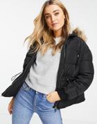 Miss Selfridge Cord Waisted Puffer Jacket With Fur Hood In Black