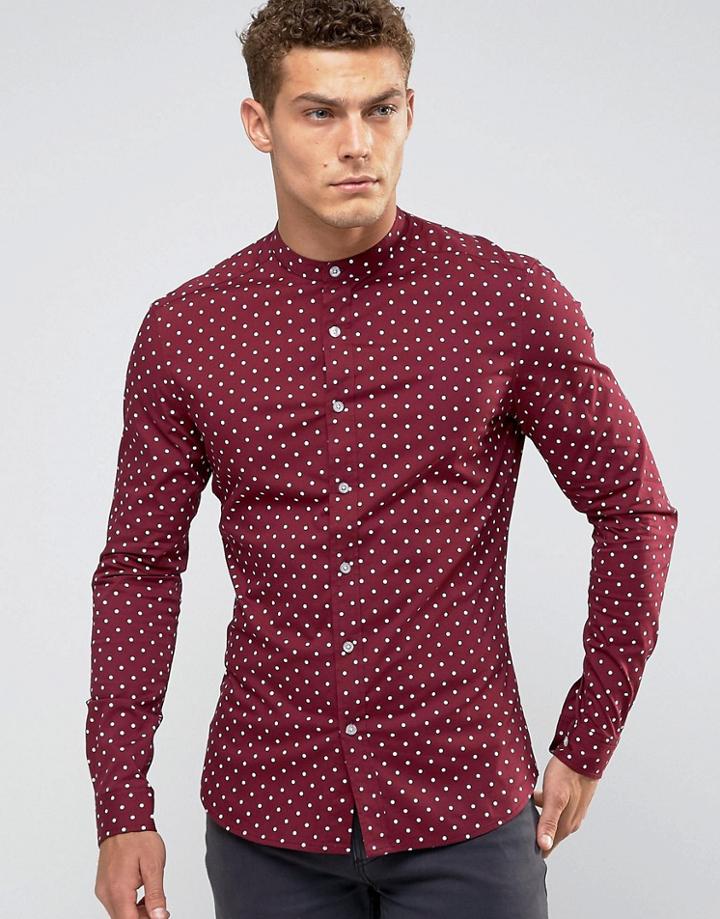 Asos Skinny Polka Dot Shirt With Grandad Collar In Burgundy - Red