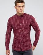 Asos Skinny Polka Dot Shirt With Grandad Collar In Burgundy - Red