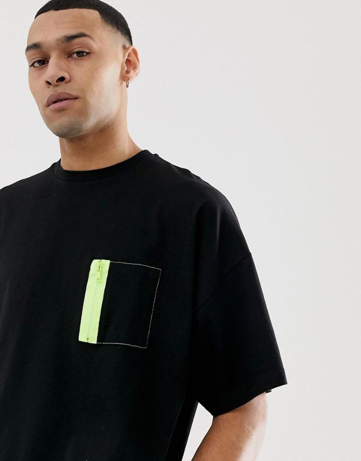 Asos Design Oversized T-shirt With Half Sleeve Contrast Neon Zip Pocket In Black - Black