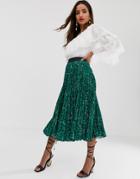 Closet London Pleated Midi Skirt In Green Fleck Print - Green
