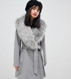Lost Ink Petite Belted Coat With Faux Fur Collar - Gray