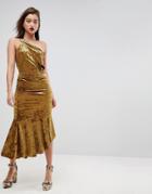 Asos One Shoulder Velvet Drop Hem Midi Dress - Gold