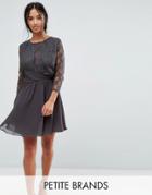 Elise Ryan Petite Ruched Waist Lace Midi Dress With 3/4 Length Sleeve - Gray