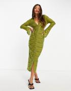 Asos Design Cut Out Shirt Body-conscious Midaxi Dress In Olive Green