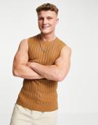 Asos Design Muscle Fit Ribbed Tank In Tan-brown