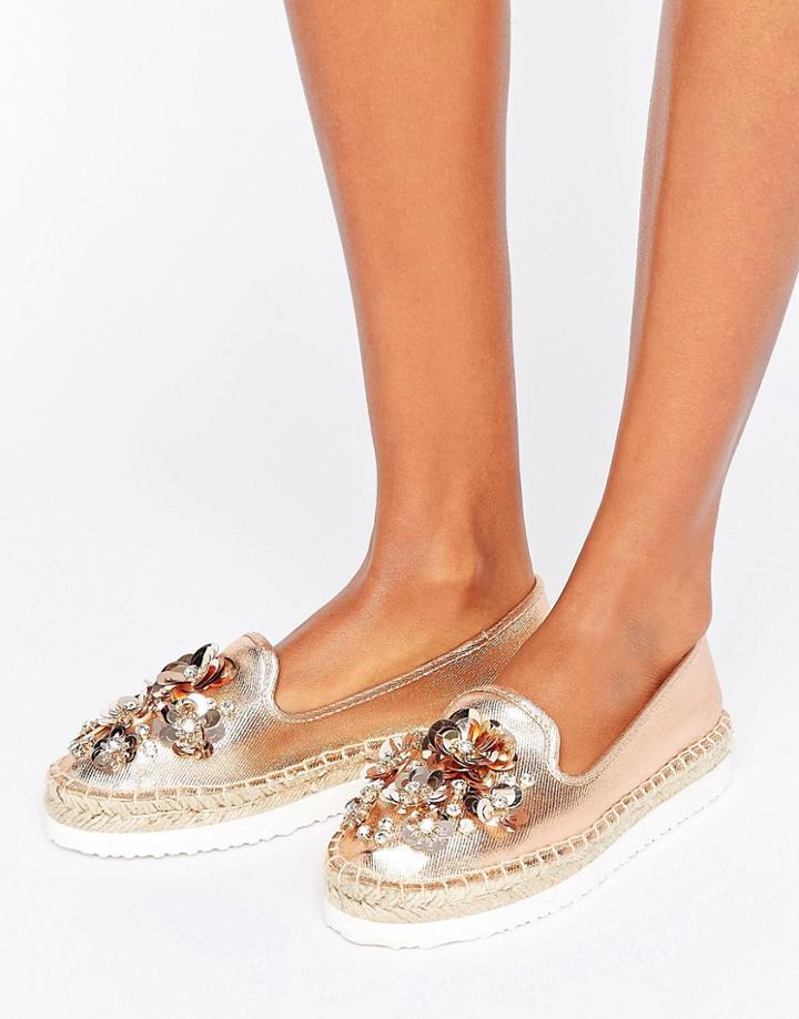 Head Over Heels By Dune Enista Floral Embellished Espadrilles - Gold