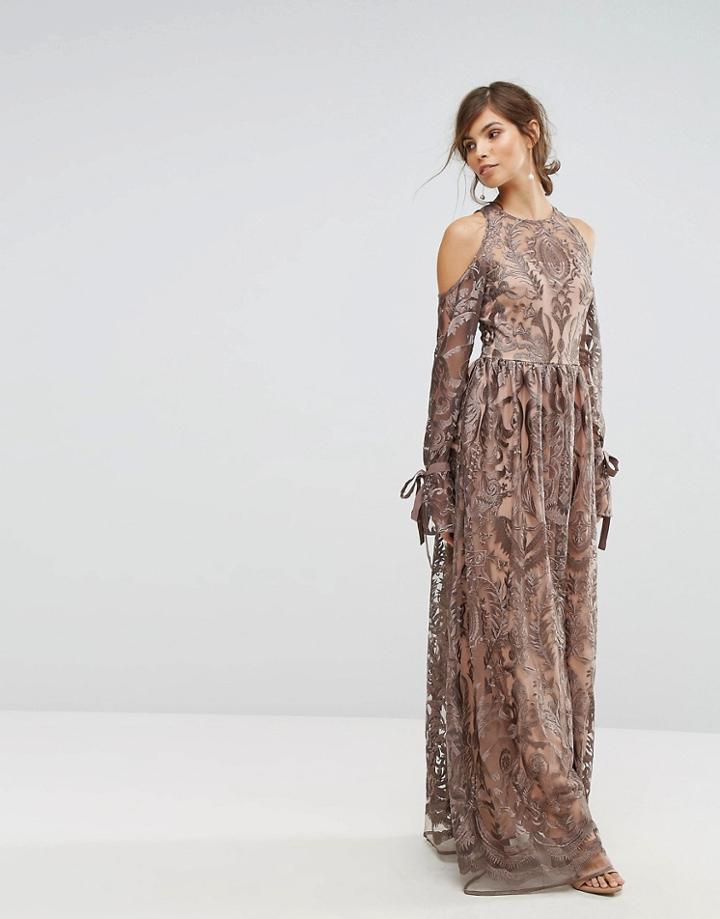 True Decadence Cold Shoulder Premium Embroidered Maxi Dress - Gray
