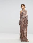 True Decadence Cold Shoulder Premium Embroidered Maxi Dress - Gray