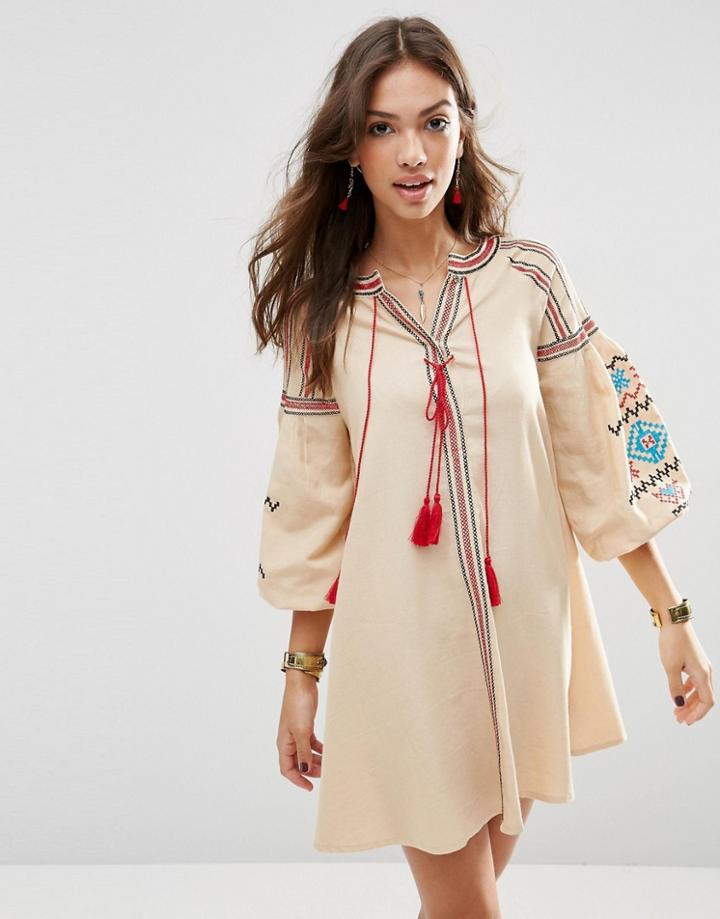 Asos Premium Swing Dress With Geo-tribal Embroidery - Cream