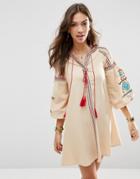 Asos Premium Swing Dress With Geo-tribal Embroidery - Cream