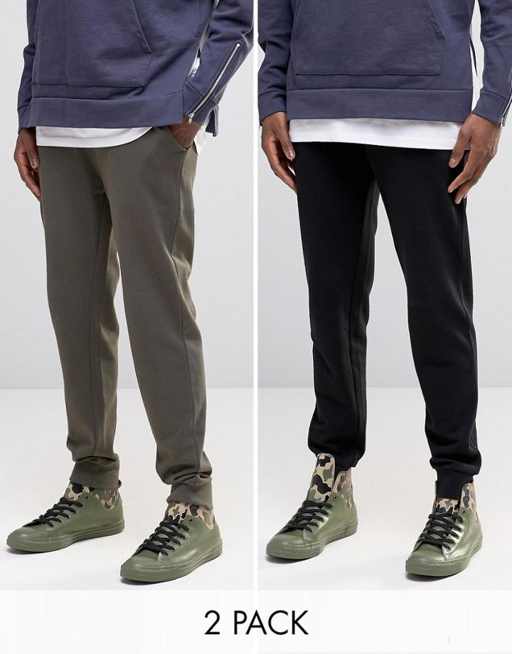 Asos 2 Pack Skinny Jersey Joggers Khaki/black - Multi