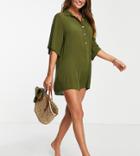 Esmee Exclusive Button Up Beach Romper In Khaki-green