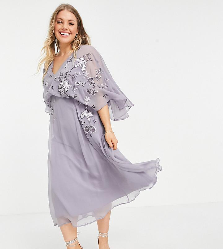 Asos Design Curve Blouson Embroidered Midi Dress With Cape Back-purple