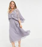 Asos Design Curve Blouson Embroidered Midi Dress With Cape Back-purple