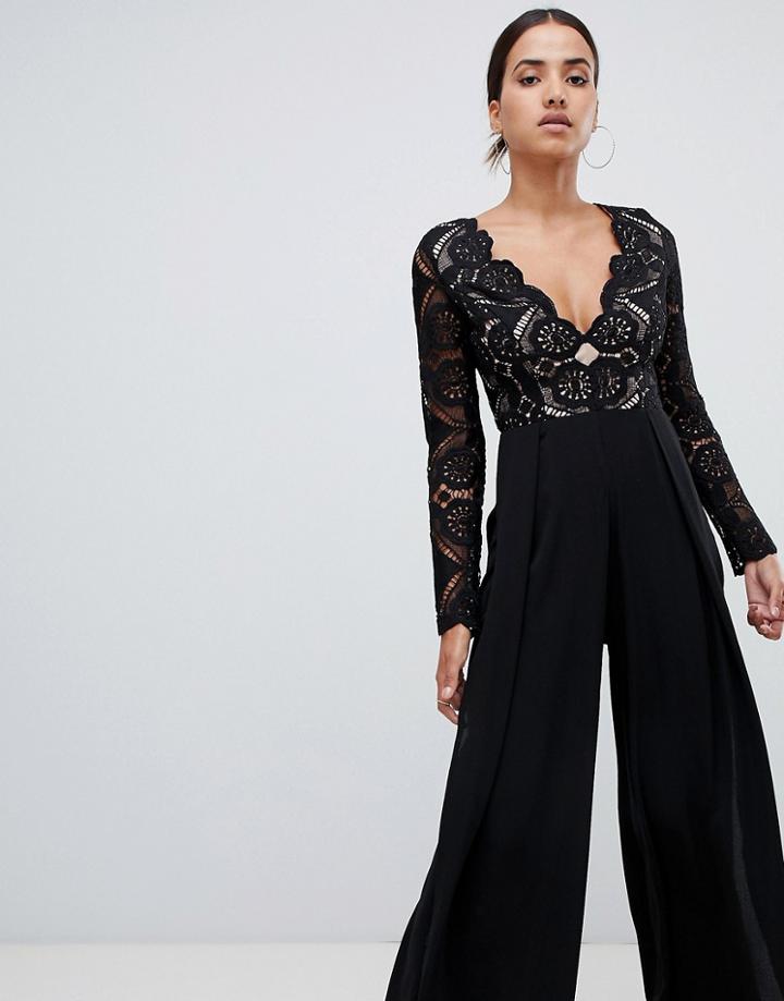 Love Triangle All Over Cut Work Lace Top Wide Leg Split Jumpsuit In Black - Black