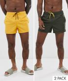 Asos Design Swim Shorts In Short Length In Khaki & Mustard 2 Pack Multipack Saving