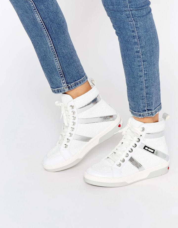Love Moschino High Top Glitter Sneakers - White Glitter