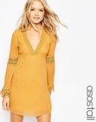 Asos Tall Skater Dress With Lace Inserts And Fluted Sleeve - Cream