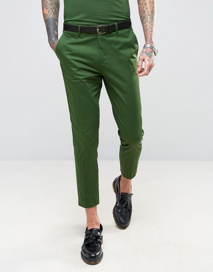 Devils Advocate Skinny Fit Green Cotton Sateen Cropped Suit Pants - Green