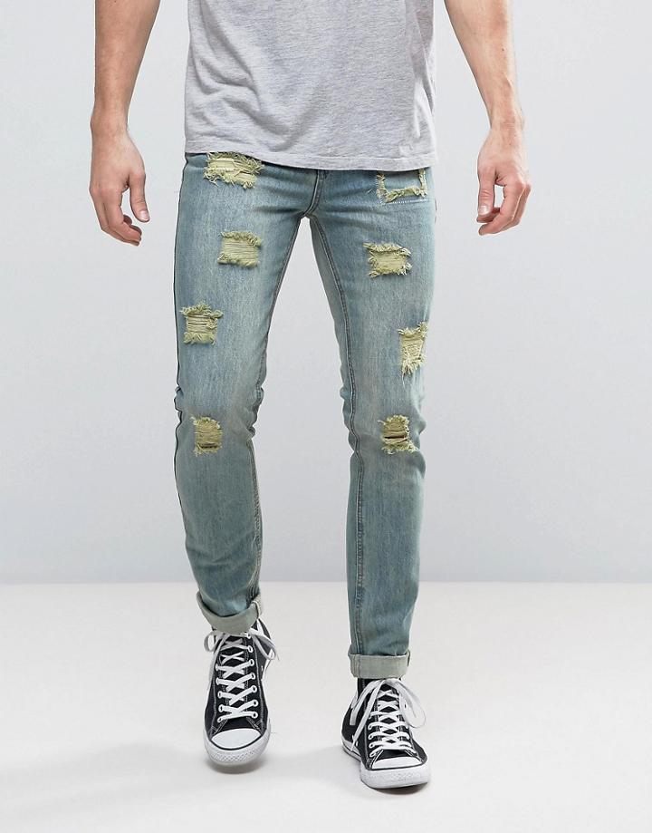 Dead Vintage Skinny Fit Jeans With Destroy - Blue