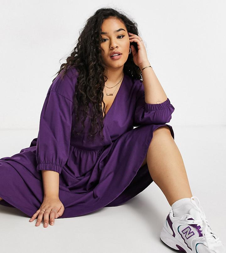 Asos Design Curve Midi Smock Dress With Wrap Top In Aubergine-purple