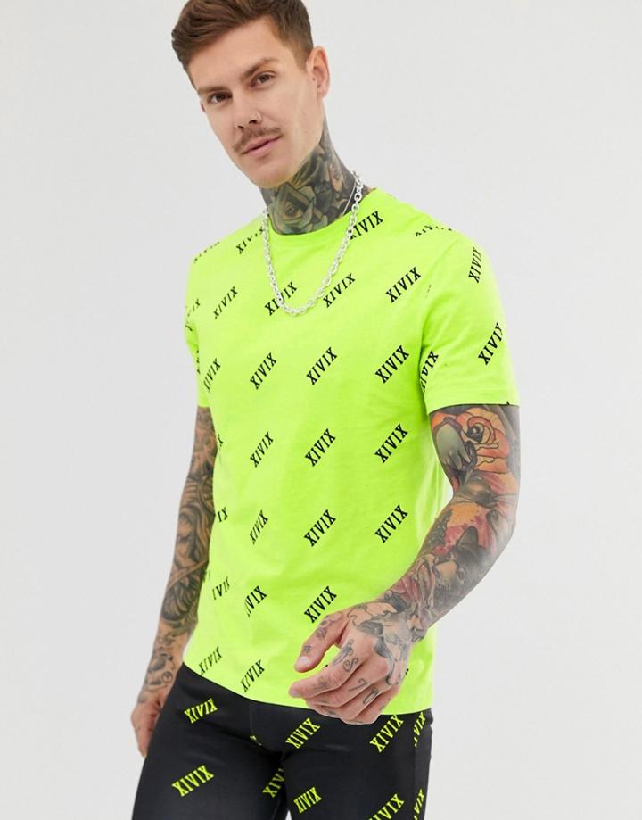 Asos Design Relaxed T-shirt With All Over Roman Numeral Text Print-green