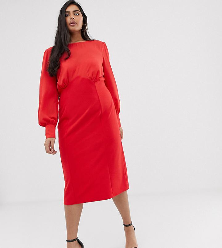 Asos Design Curve Woven Mix Midi Pencil Dress-red