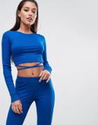 Asos Crop Top In Rib With Tie Detail (co-ord) - Blue