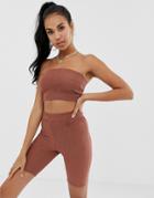 Asos Design Two-piece Textured Crop Bandeau Top In Cosmetic-brown