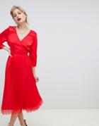Liquorish Pleated Skirt Midi Dress With Lace Trim - Red