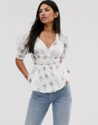 Asos Design Short Sleeve Check Organza Wrap Top - White