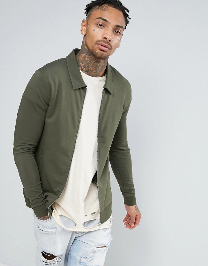 Asos Muscle Fit Jersey Harrington Jacket In Khaki - Green