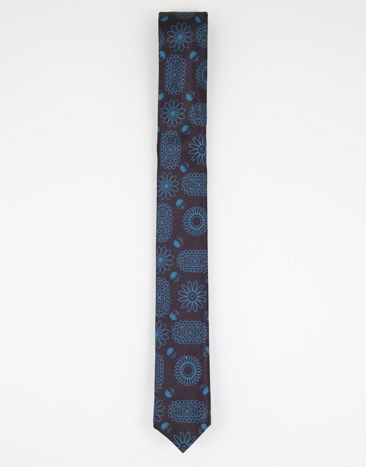 Bolongaro Trevor Skinny Tie In Teal Skull And Paisley Print-black