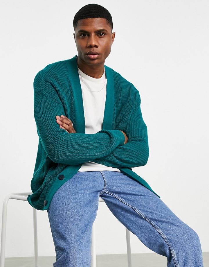 Asos Design Knitted Oversized Fisherman Rib Cardigan In Teal-green