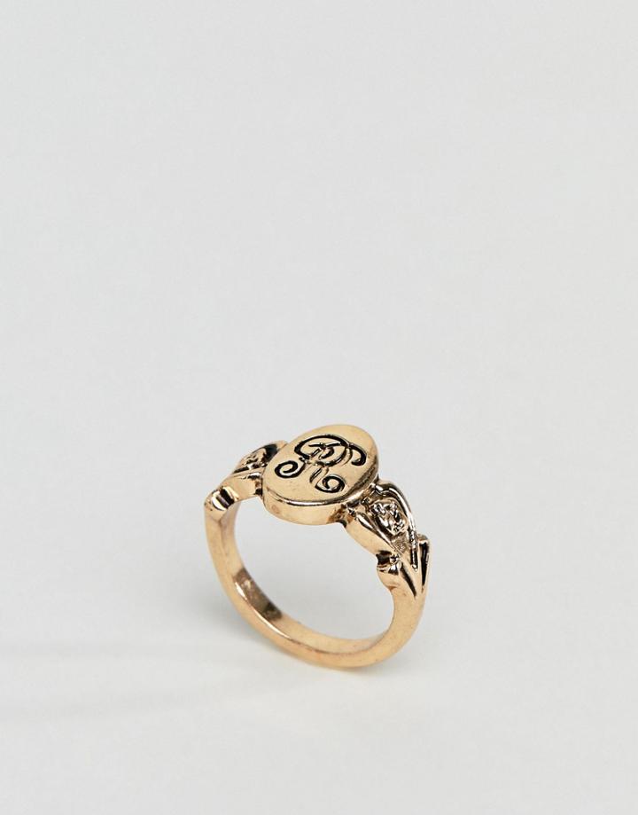 Asos Design Ornate Monogram 'r' Initial Ring - Gold